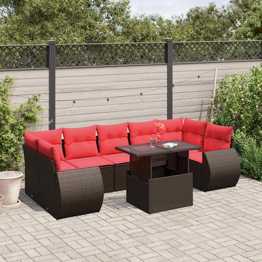 Ensemble de canapé de jardin 8 pcs avec coussins marron résine tressée