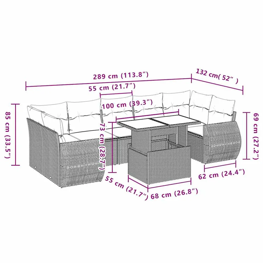 Ensemble de canapé de jardin 8 pcs avec coussins marron résine tressée - 10