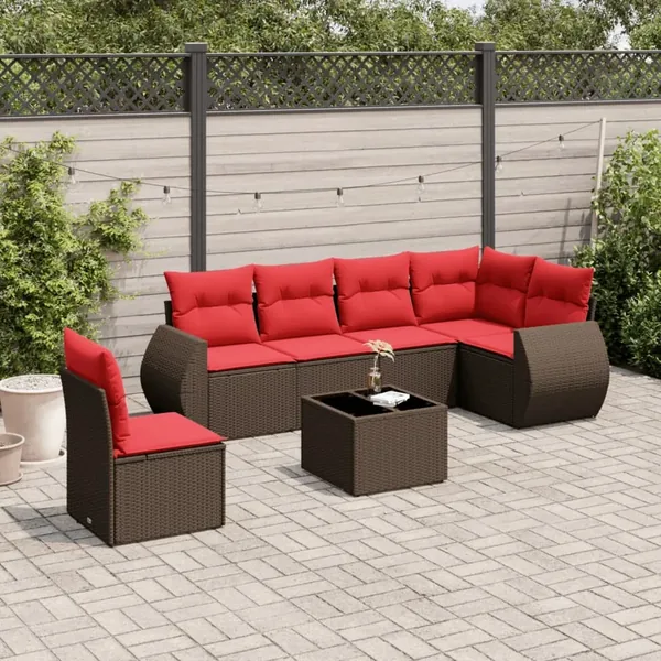 Ensemble de canapé de jardin 7 pcs avec coussins marron résine tressée