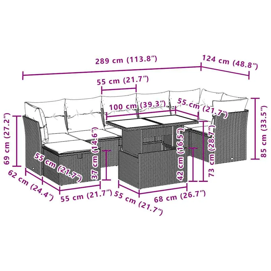Ensemble de canapé de jardin 8 pcs avec coussins gris résine tressée - 12