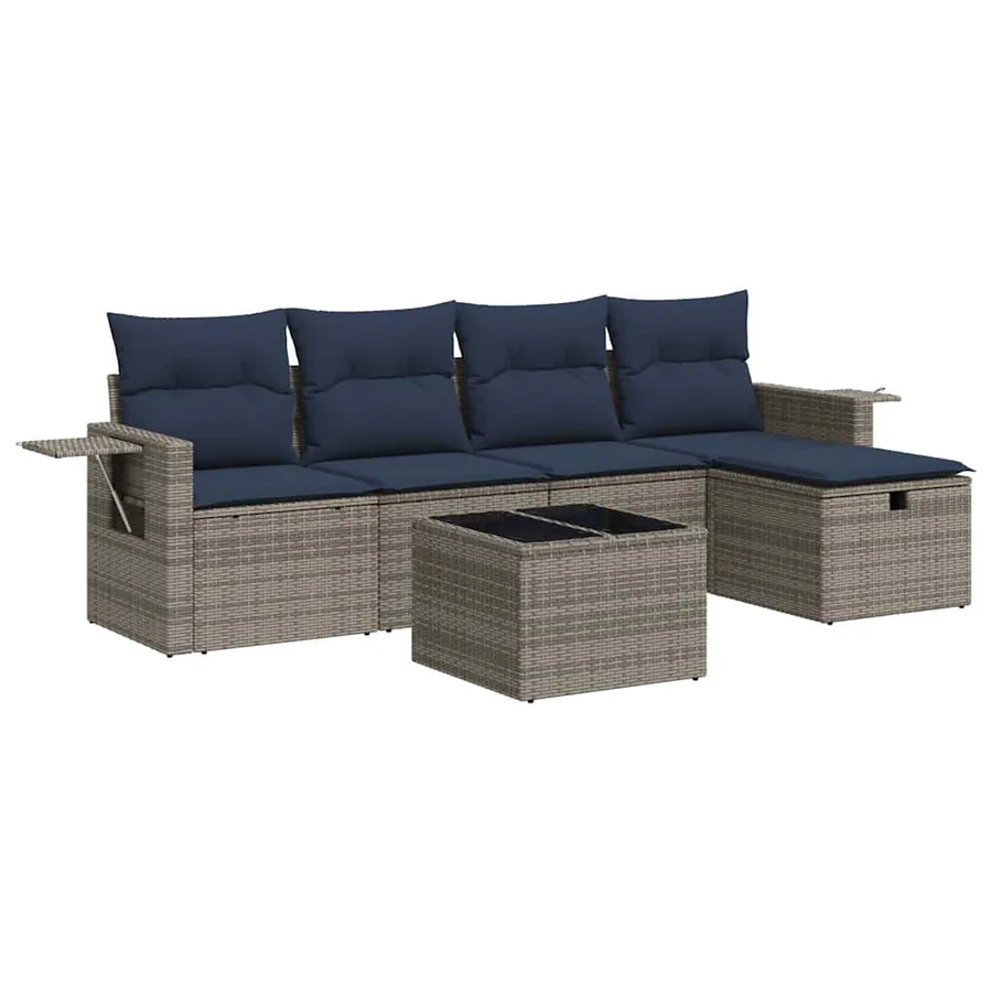 Salon de jardin 6 pcs avec coussins gris résine tressée - 2