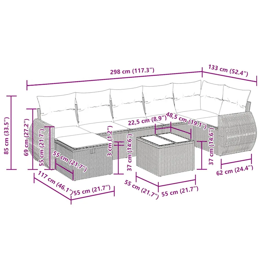 Salon de jardin 8 pcs avec coussins gris résine tressée - 14