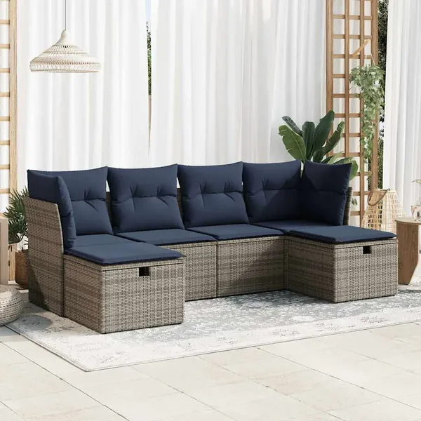 Salon de jardin 6 pcs avec coussins gris résine tressée