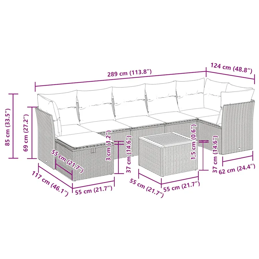Salon de jardin 8 pcs avec coussins gris résine tressée - 11