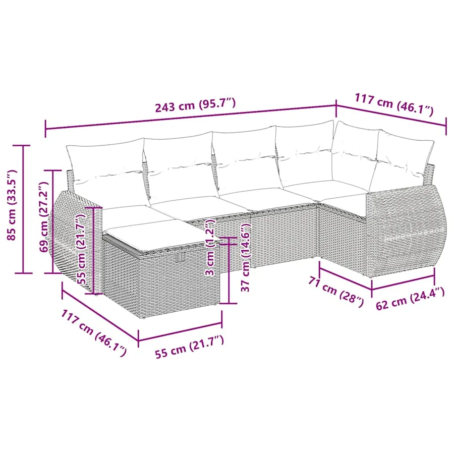 Salon de jardin 6 pcs avec coussins gris résine tressée - 13