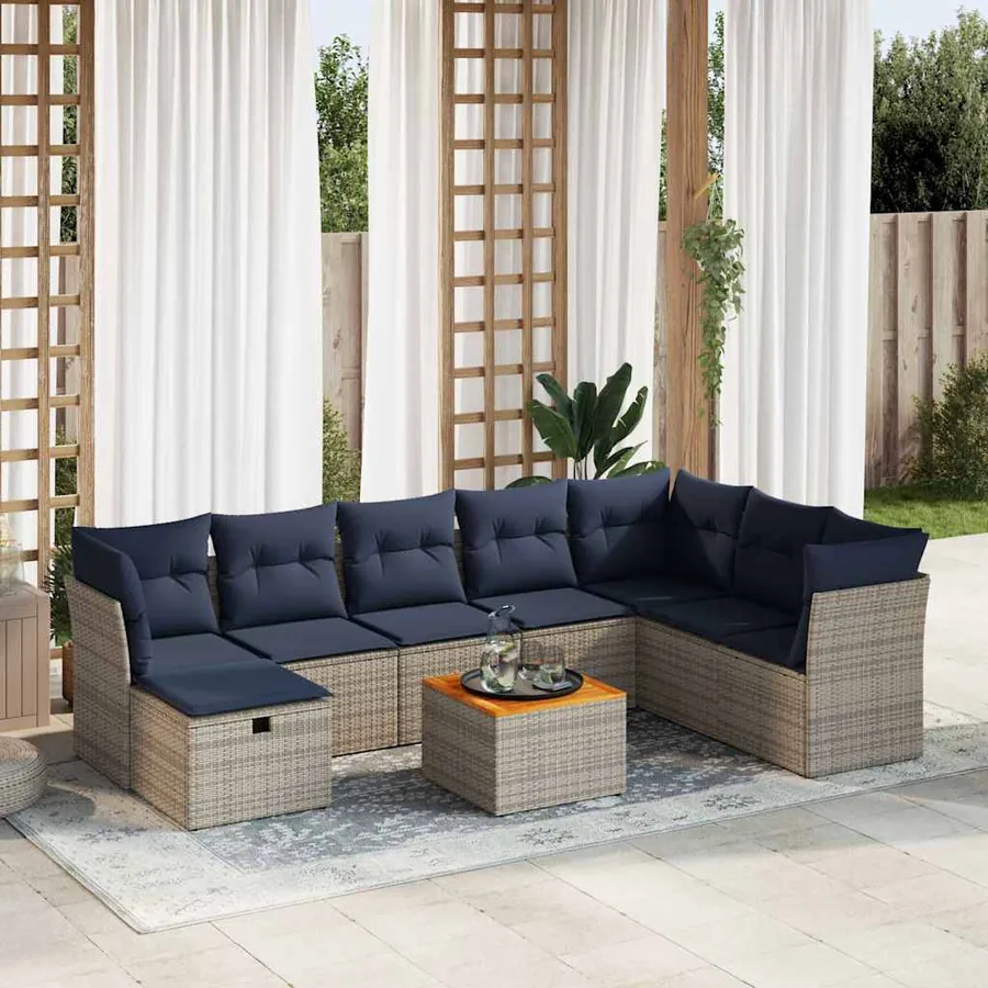 Salon de jardin 9 pcs avec coussins gris résine tressée