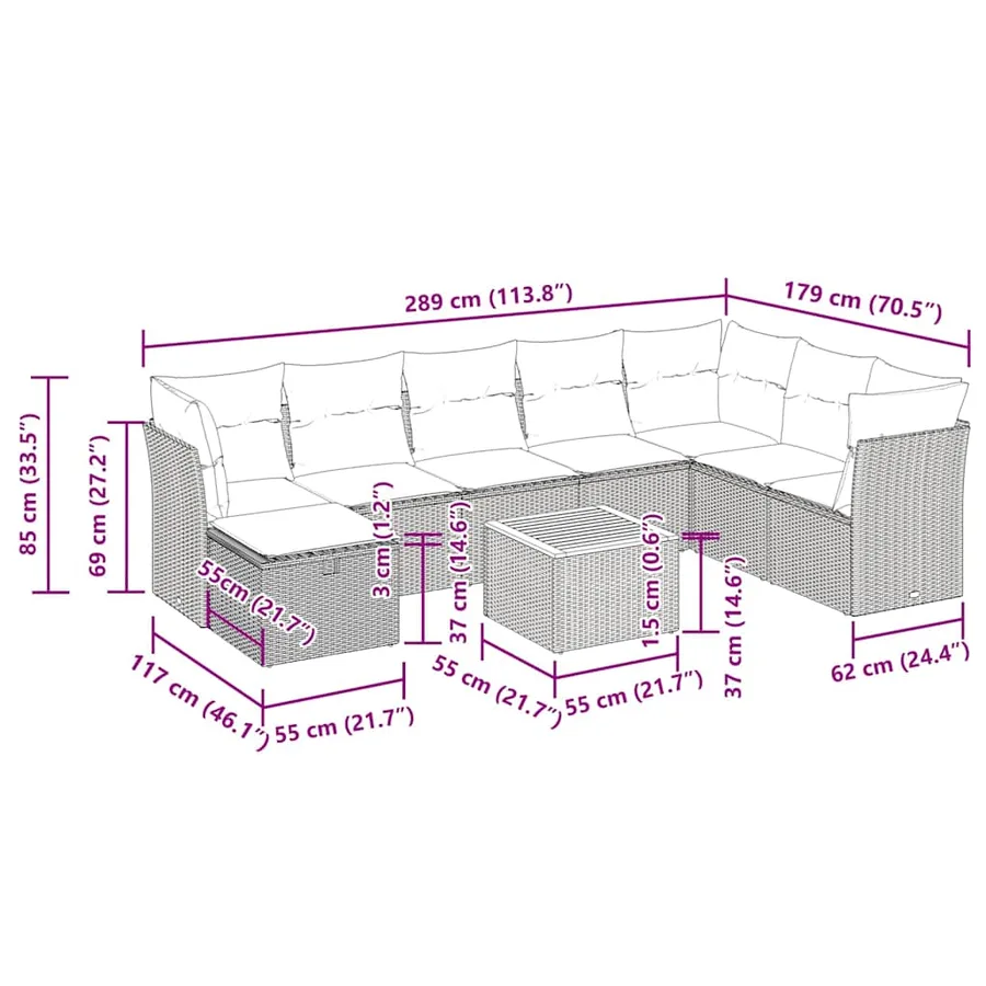 Salon de jardin 9 pcs avec coussins gris résine tressée - 12