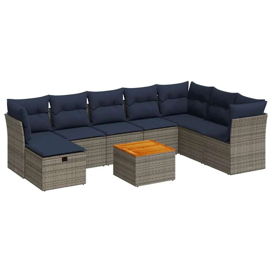 Salon de jardin 9 pcs avec coussins gris résine tressée - 2