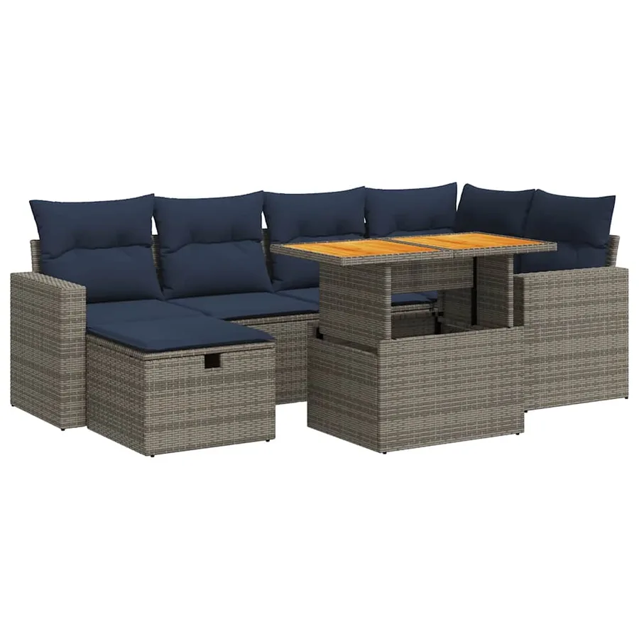 Salon de jardin avec coussins 7 pcs noir résine tressée acacia - 2