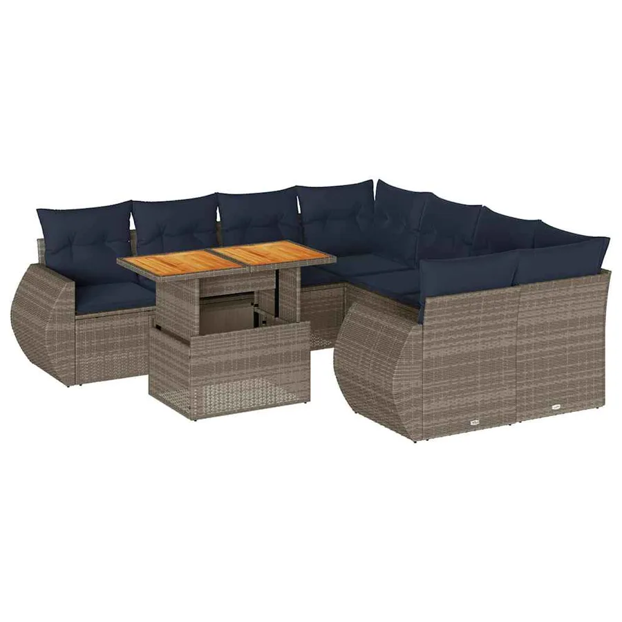 Salon de jardin 9 pcs avec coussins gris résine tressée - 2