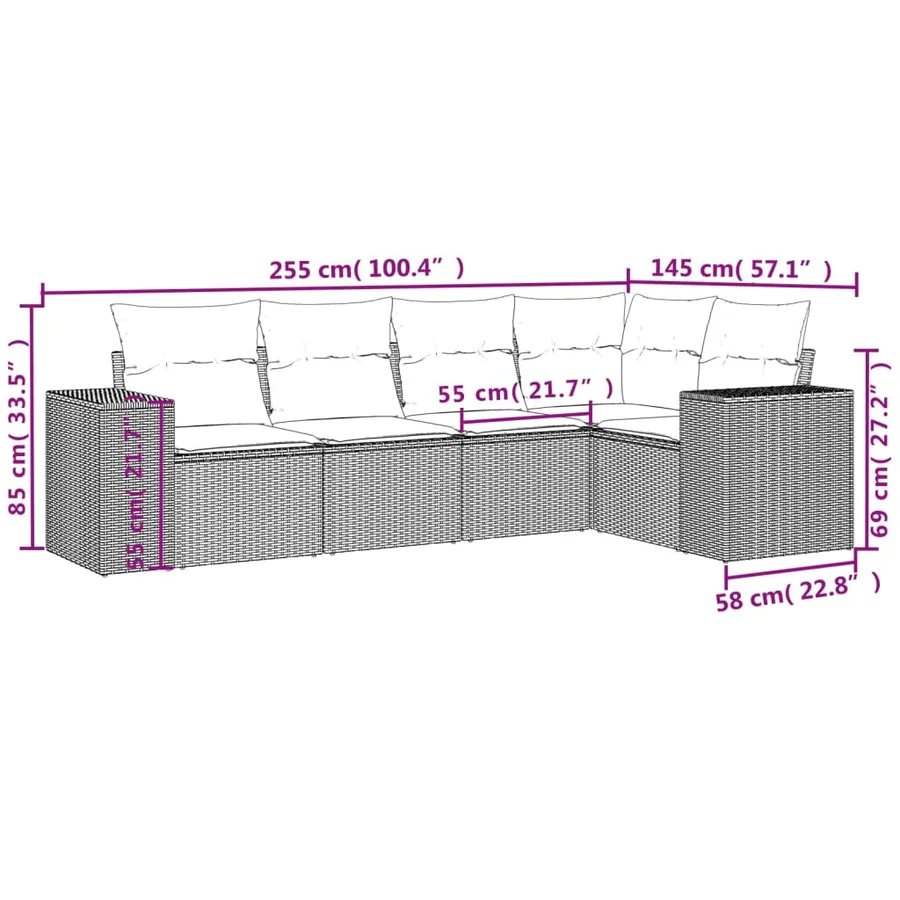 Ensemble de canapé de jardin 5 pcs avec coussins gris résine tressée - 7
