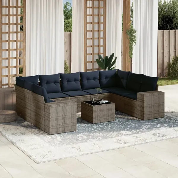 Ensemble de canapé de jardin 10 pcs avec coussins gris résine tressée