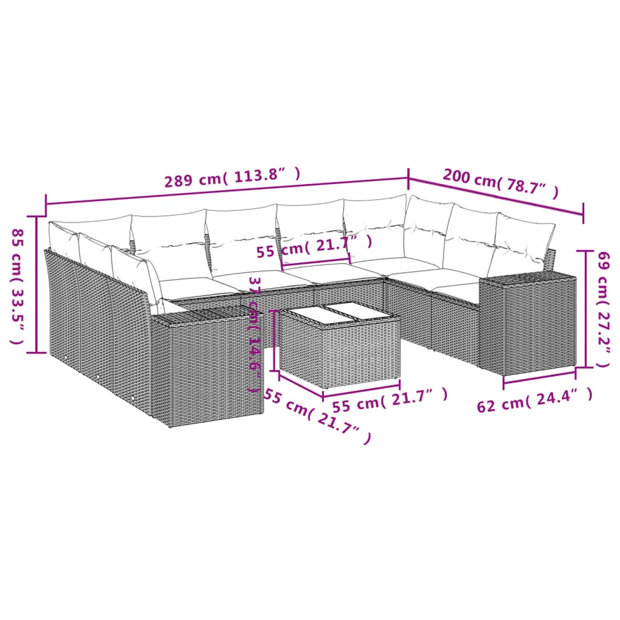 Ensemble de canapé de jardin 10 pcs avec coussins gris résine tressée - 8