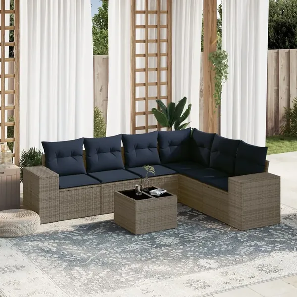 Ensemble de canapé de jardin 7 pcs avec coussins gris résine tressée