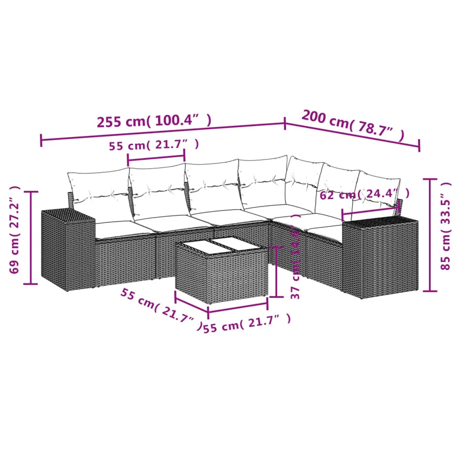 Ensemble de canapé de jardin 7 pcs avec coussins gris résine tressée - 8