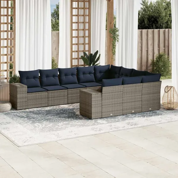 Ensemble de canapé de jardin 10 pcs avec coussins gris résine tressée