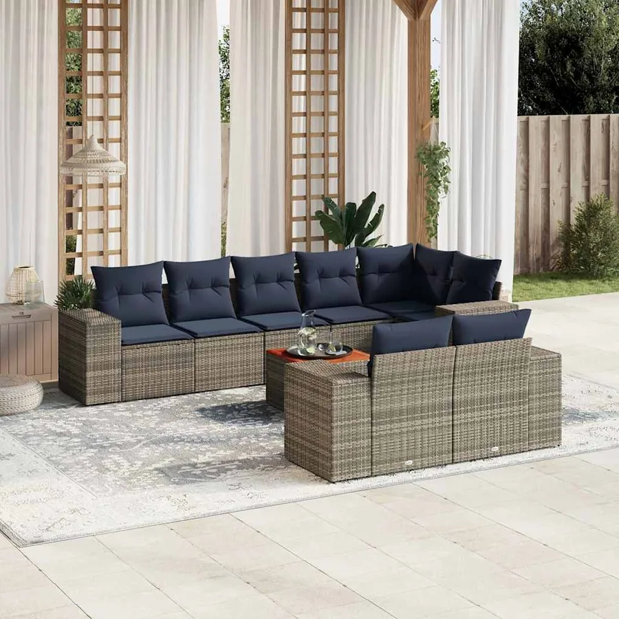 Ensemble de canapé de jardin 9 pcs avec coussins gris résine tressée