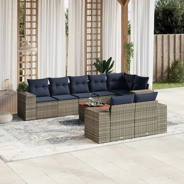 Ensemble de canapé de jardin 9 pcs avec coussins gris résine tressée