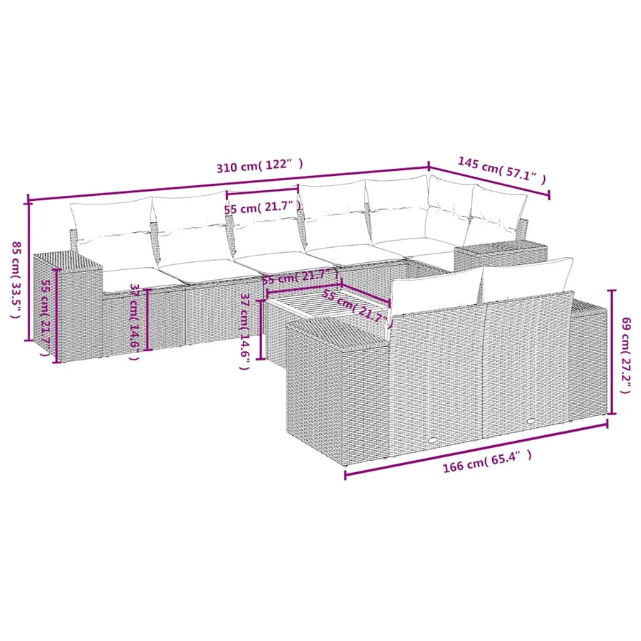 Ensemble de canapé de jardin 9 pcs avec coussins gris résine tressée - 8