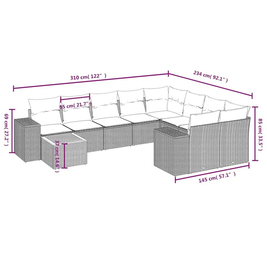 Ensemble de canapé de jardin 10 pcs avec coussins gris résine tressée - 8