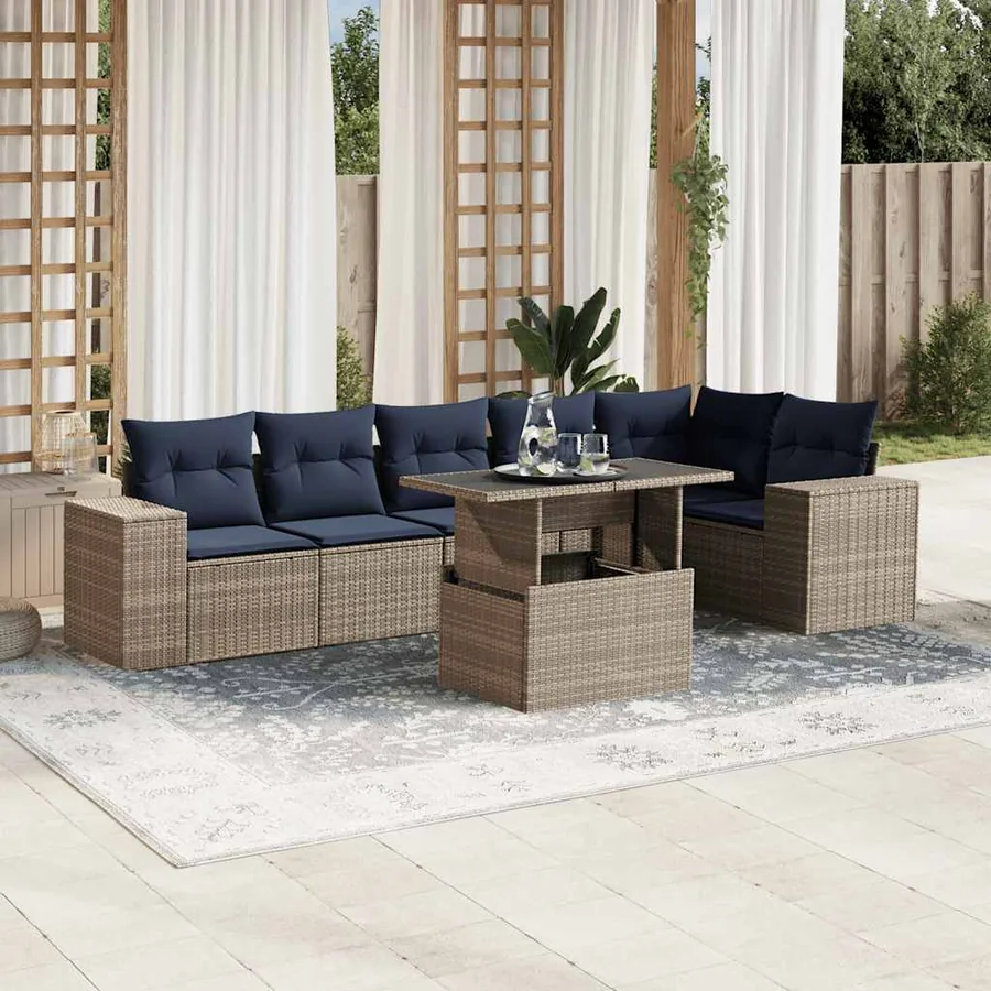 Ensemble de canapé de jardin 7 pcs avec coussins gris résine tressée