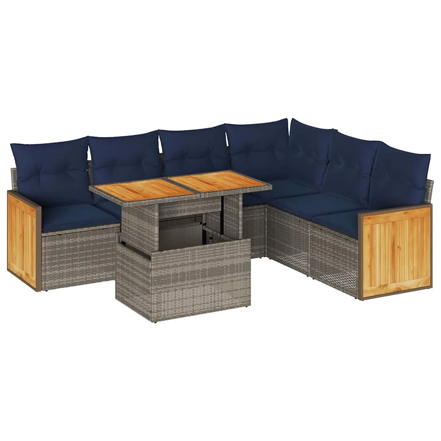 Salon de jardin avec coussins 7 pcs gris résine tressée acacia - 2