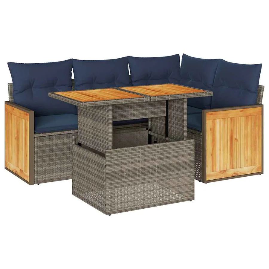 Salon de jardin 5 pcs avec coussins gris résine tressée acacia - 2