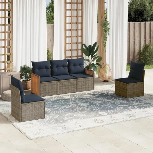 Ensemble de canapé de jardin 5 pcs avec coussins gris résine tressée