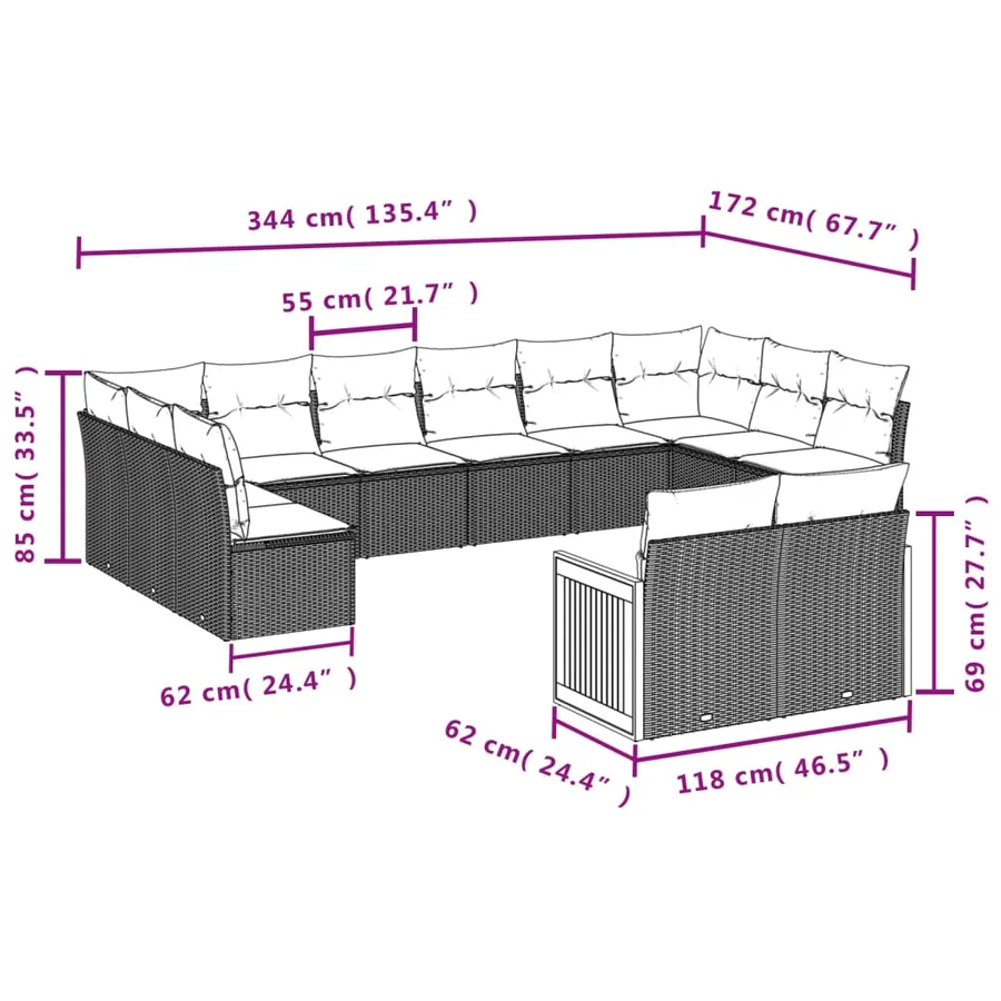 Ensemble de canapé de jardin 12 pcs avec coussins gris résine tressée - 7