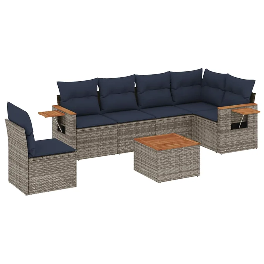 Salon de jardin 7 pcs avec coussins gris résine tressée - 2