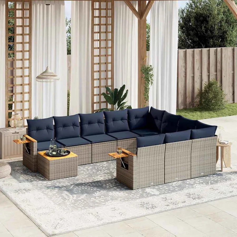 Salon de jardin 11 pcs avec coussins gris résine tressée