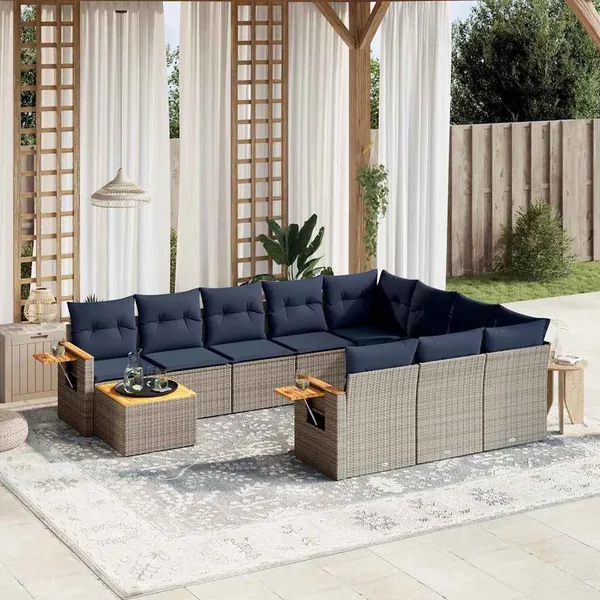 Salon de jardin 11 pcs avec coussins gris résine tressée