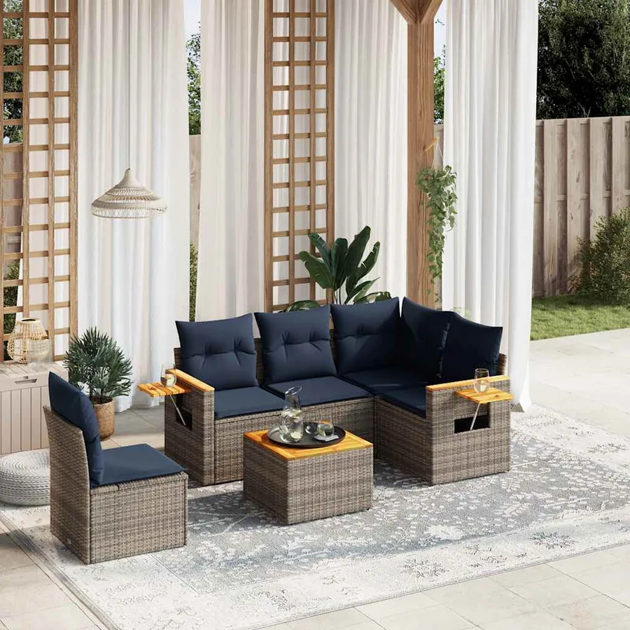 Salon de jardin 6 pcs avec coussins gris résine tressée