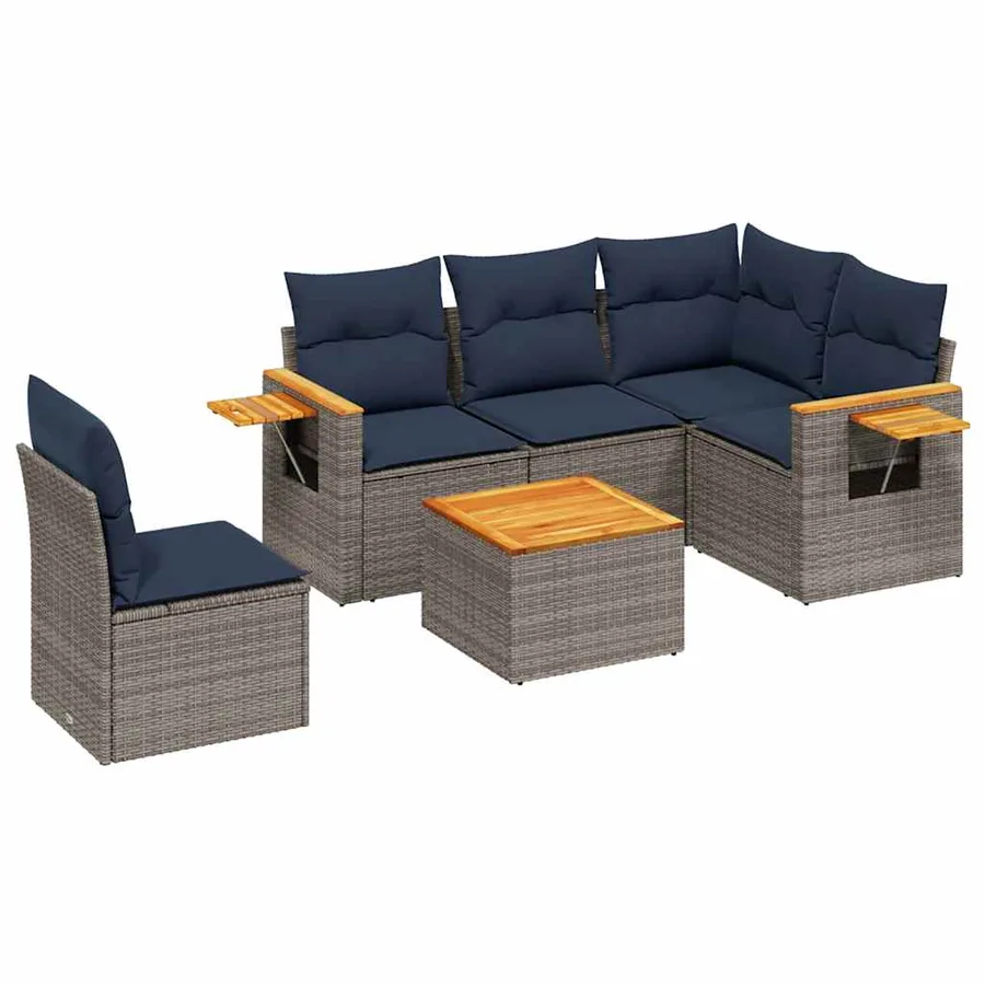 Salon de jardin 6 pcs avec coussins gris résine tressée - 2