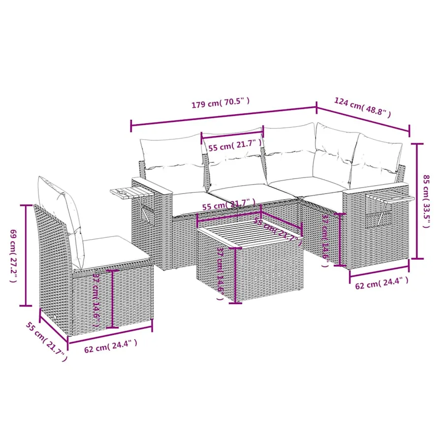 Salon de jardin 6 pcs avec coussins gris résine tressée - 9
