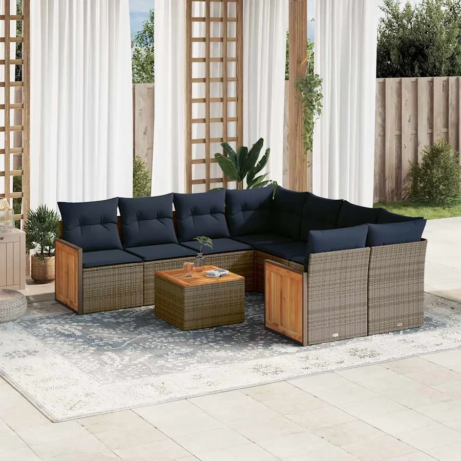 Ensemble de canapé de jardin 9 pcs avec coussins gris résine tressée