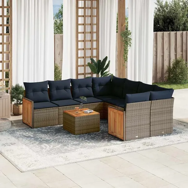 Ensemble de canapé de jardin 9 pcs avec coussins gris résine tressée