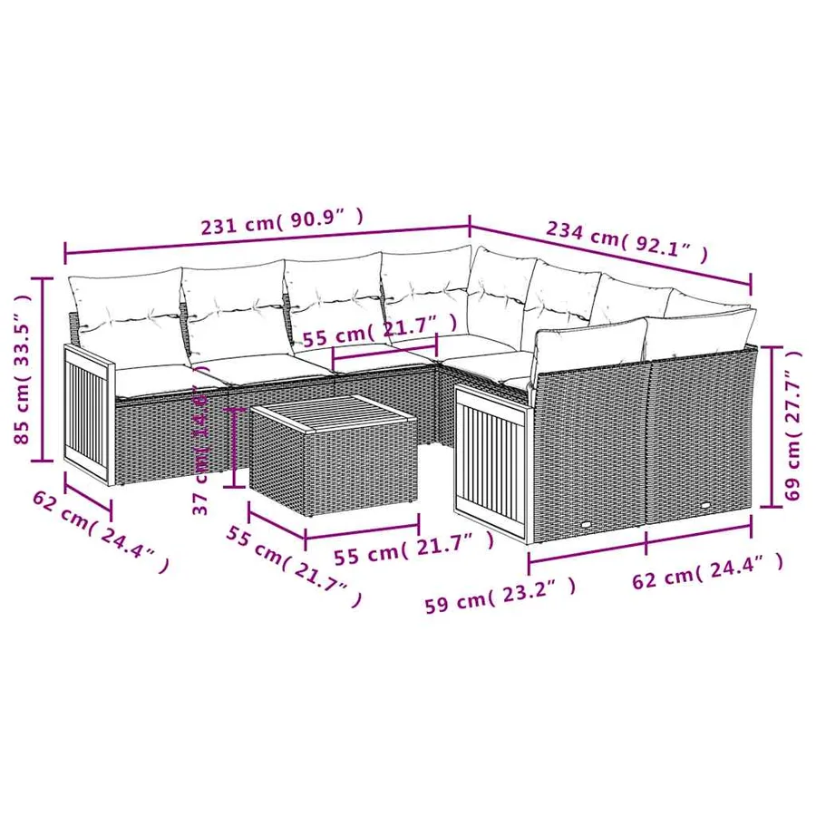 Ensemble de canapé de jardin 9 pcs avec coussins gris résine tressée - 8