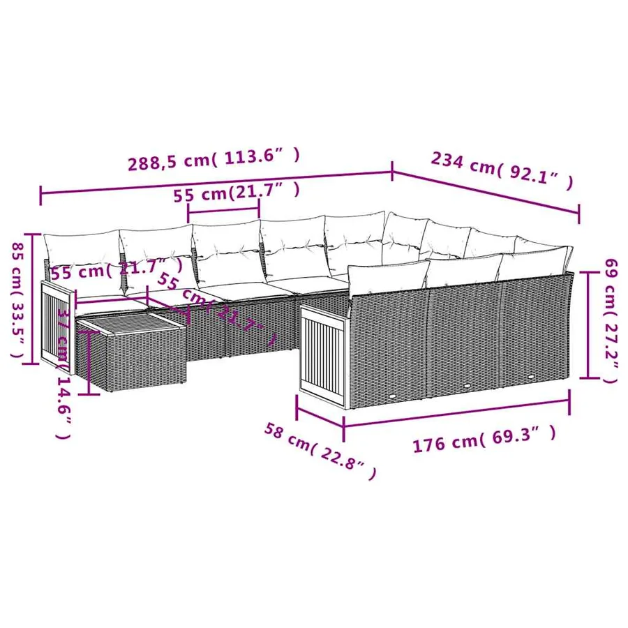 Ensemble de canapé de jardin 11 pcs avec coussins gris résine tressée - 8