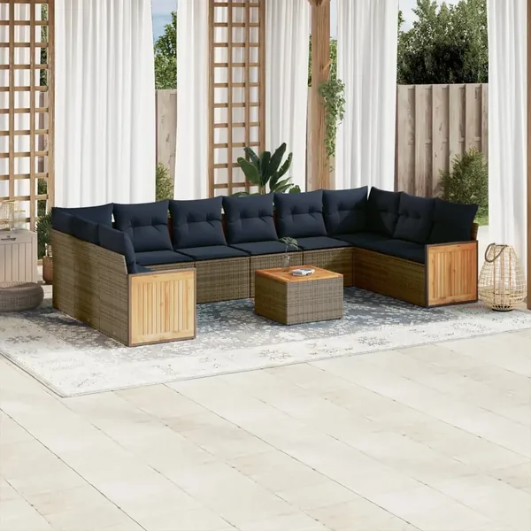 Ensemble de canapé de jardin 11 pcs avec coussins gris résine tressée