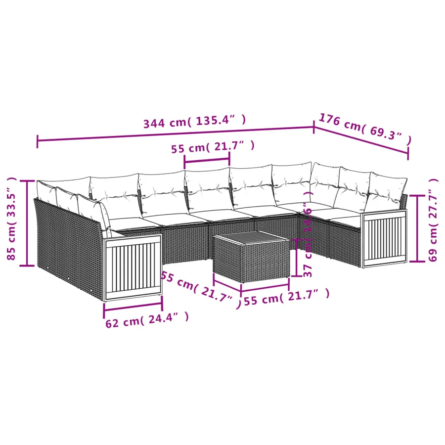 Ensemble de canapé de jardin 11 pcs avec coussins gris résine tressée - 8