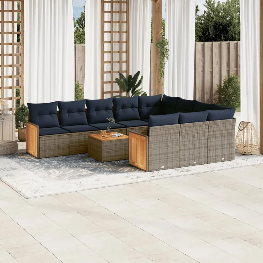 Ensemble de canapé de jardin 11 pcs avec coussins gris résine tressée