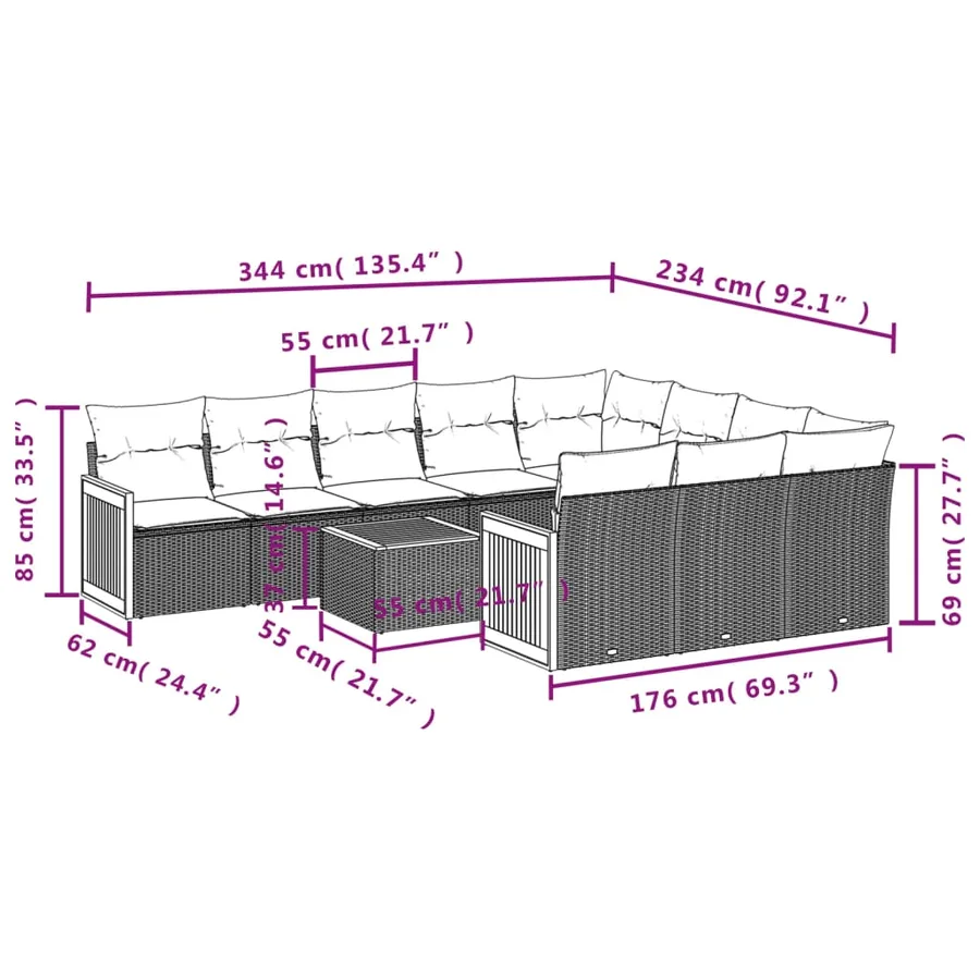 Ensemble de canapé de jardin 11 pcs avec coussins gris résine tressée - 8