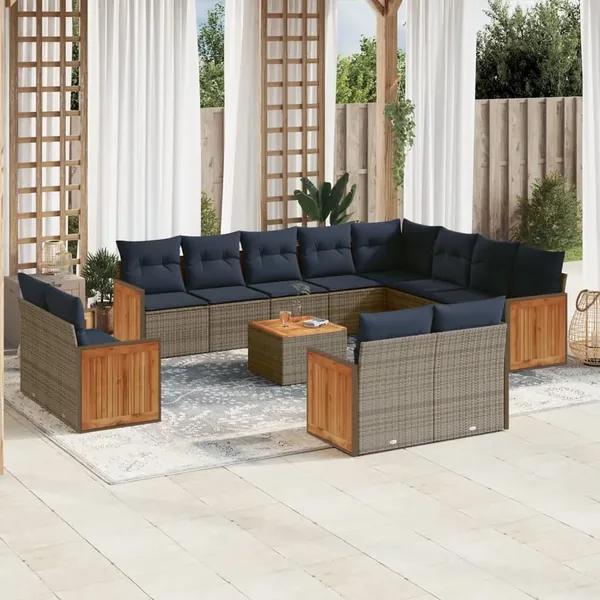 Ensemble de canapé de jardin 13 pcs avec coussins gris résine tressée