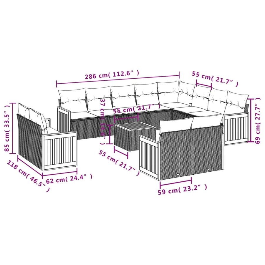 Ensemble de canapé de jardin 13 pcs avec coussins gris résine tressée - 8