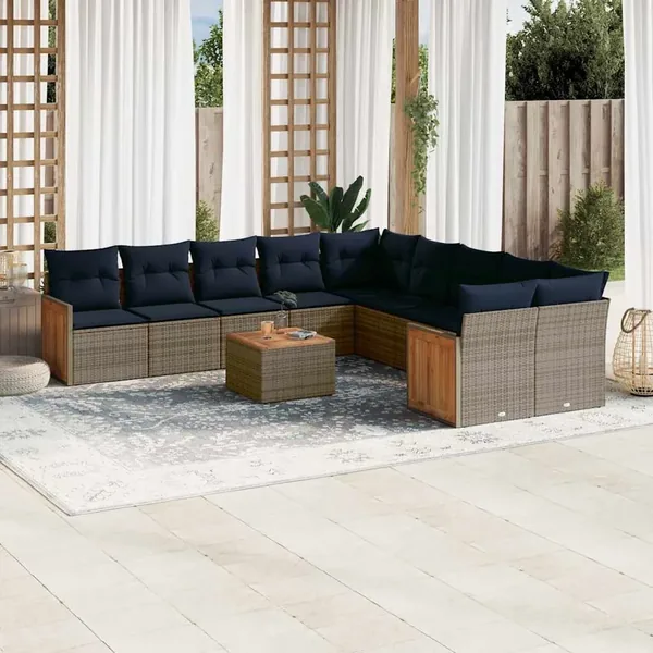 Ensemble de canapé de jardin 11 pcs avec coussins gris résine tressée