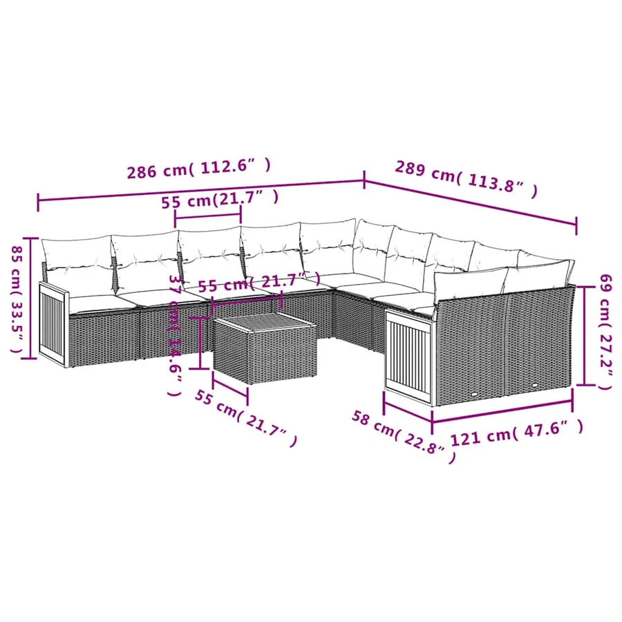 Ensemble de canapé de jardin 11 pcs avec coussins gris résine tressée - 8