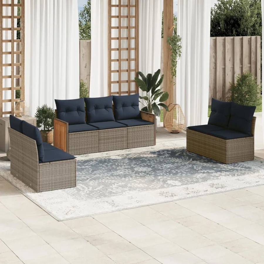Ensemble de canapé de jardin 7 pcs avec coussins gris résine tressée