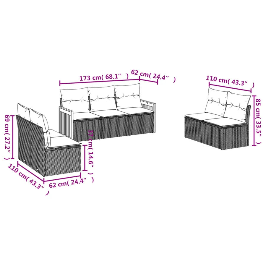 Ensemble de canapé de jardin 7 pcs avec coussins gris résine tressée - 6