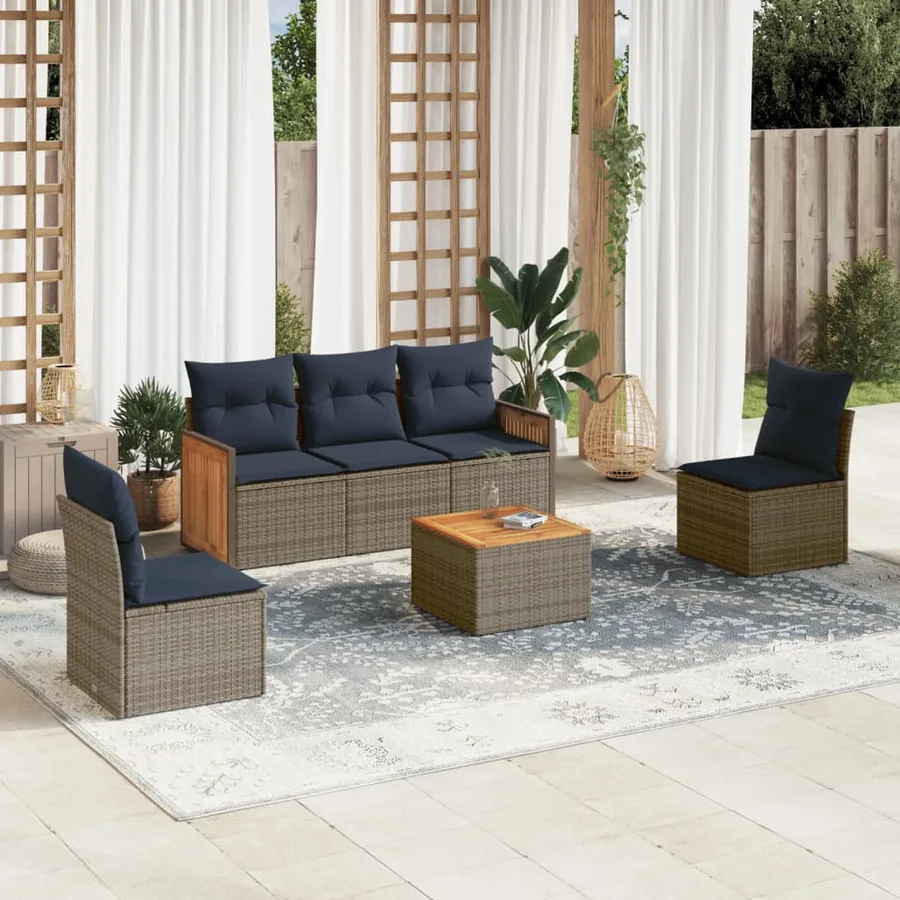Ensemble de canapé de jardin 6 pcs avec coussins gris résine tressée